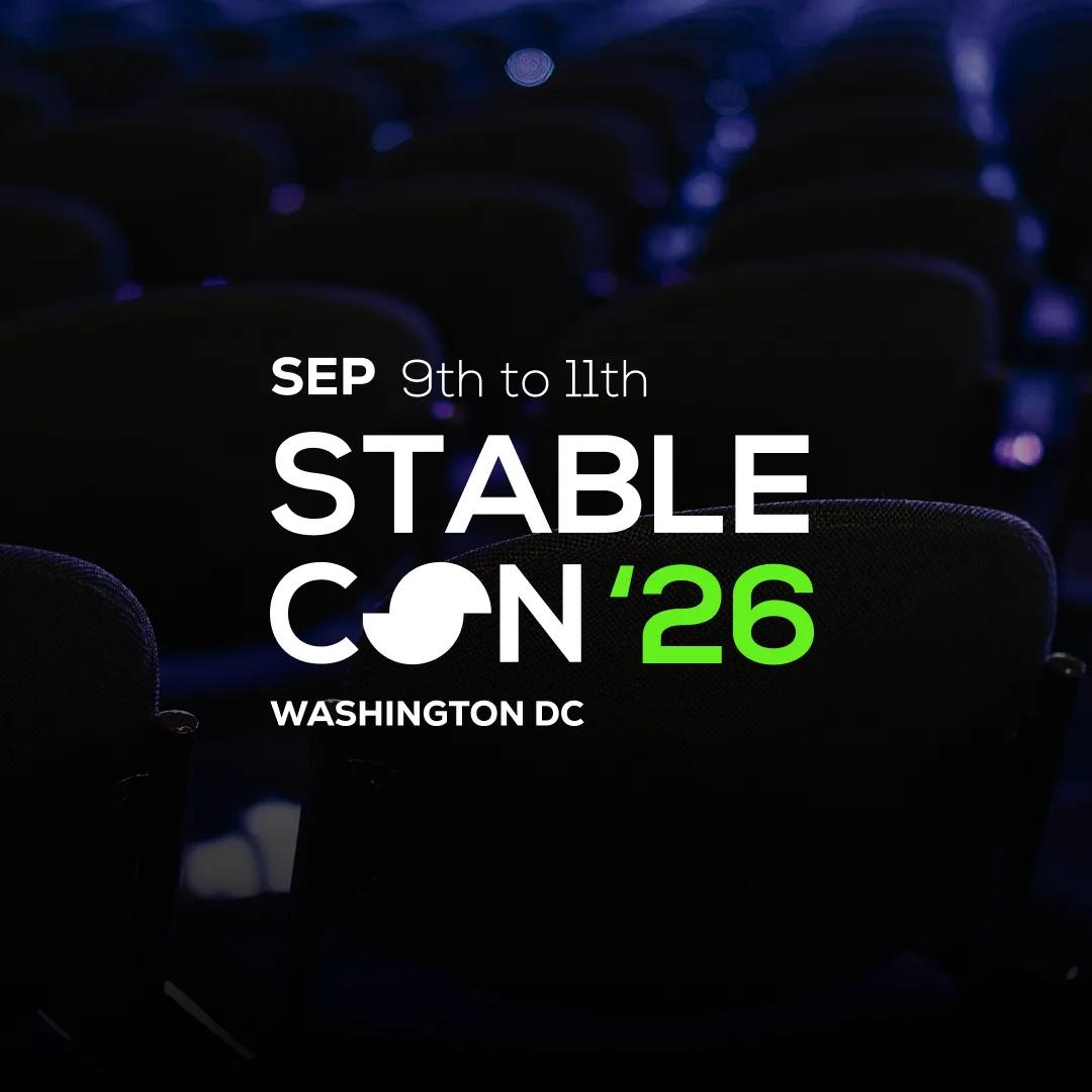 Stablecon '26 Washington DC logo over a dark photograph of empty auditorium seating