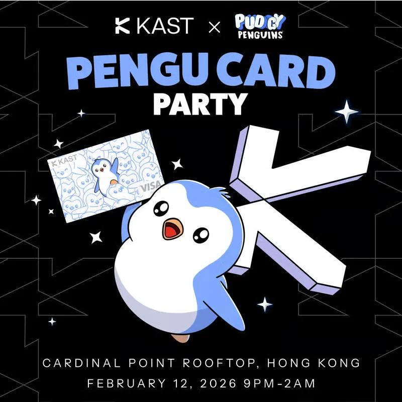 Pengu Card Party graphic with a cartoon penguin beside a penguin-patterned KAST card