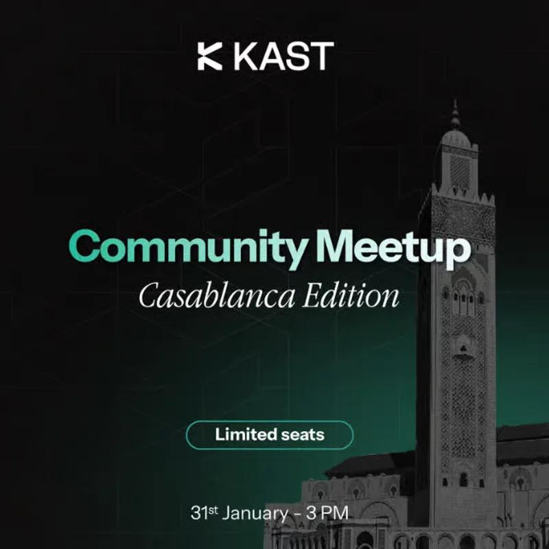 Community Meetup Casablanca Edition poster beside a photograph of the Hassan II Mosque minaret