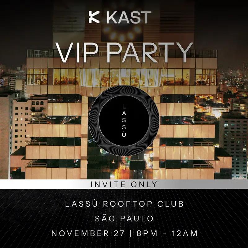 VIP Party poster, invitation only, over a photograph of the illuminated Lassù rooftop club building