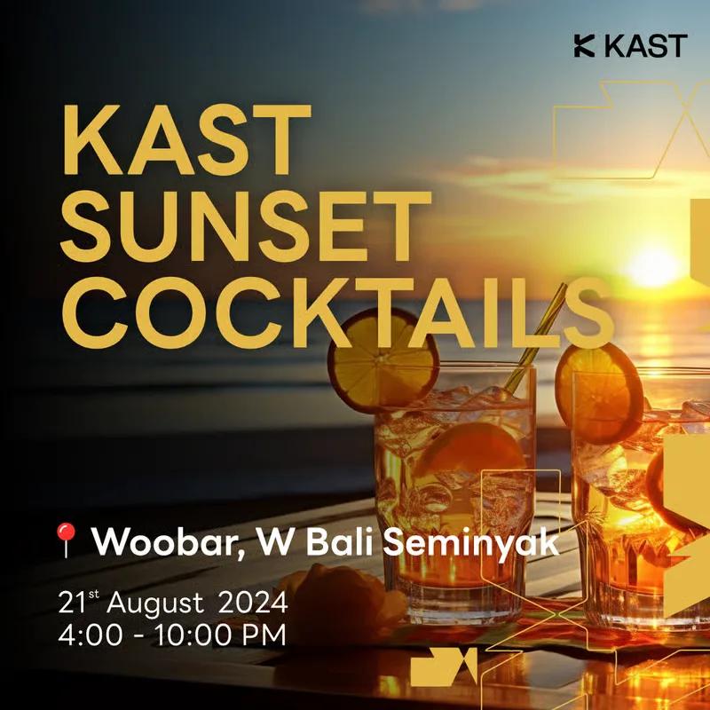KAST Sunset Cocktails poster over a photograph of cocktails on a bar at sunset