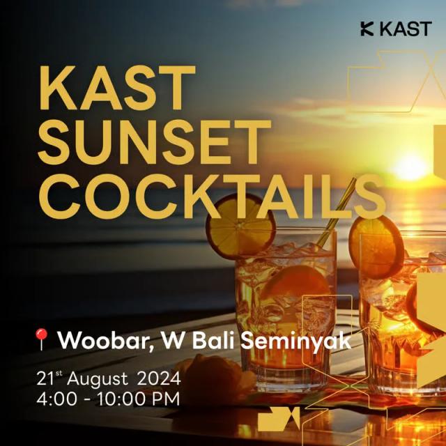 KAST Sunset Cocktails poster over a photograph of cocktails on a bar at sunset