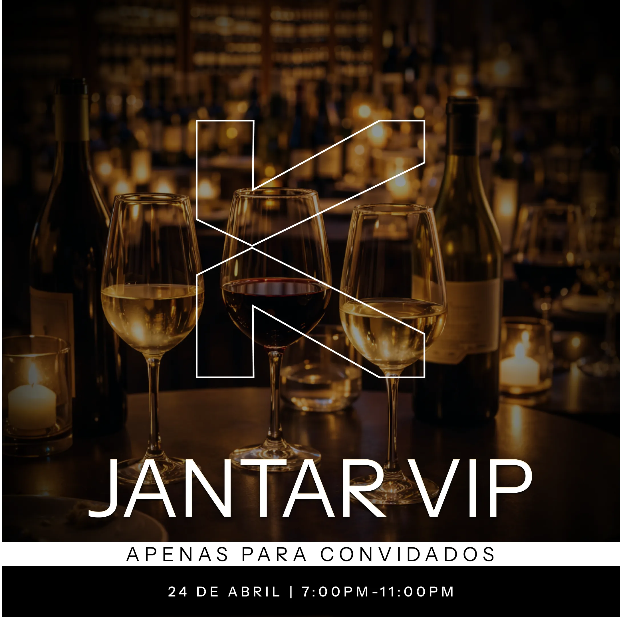 Jantar VIP poster, invitation only, over a candlelit bar setting with wine glasses and a KAST monogram