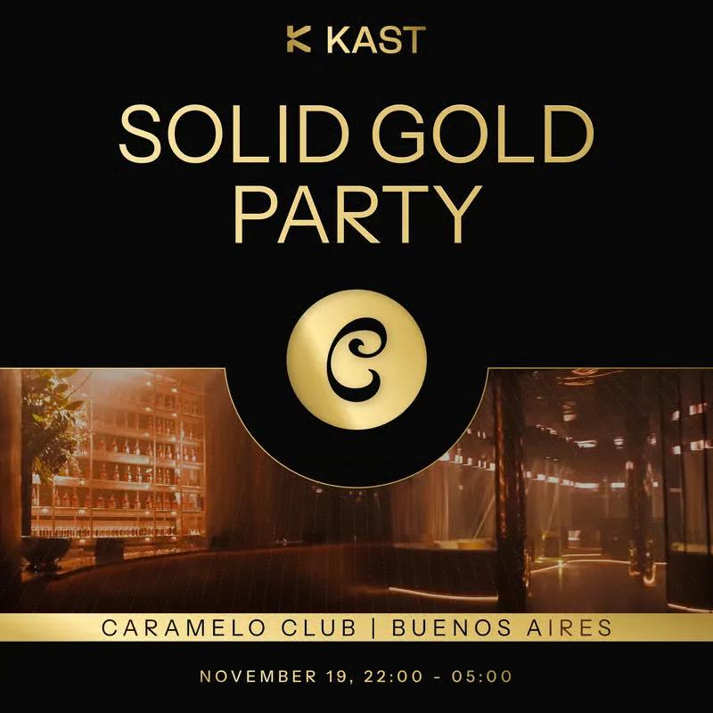 Solid Gold Party poster in gold lettering, over a dark photograph of the Caramelo Club exterior