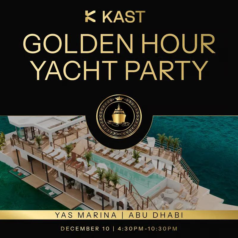 Golden Hour Yacht Party poster in gold lettering, over an aerial photograph of a yacht at Yas Marina