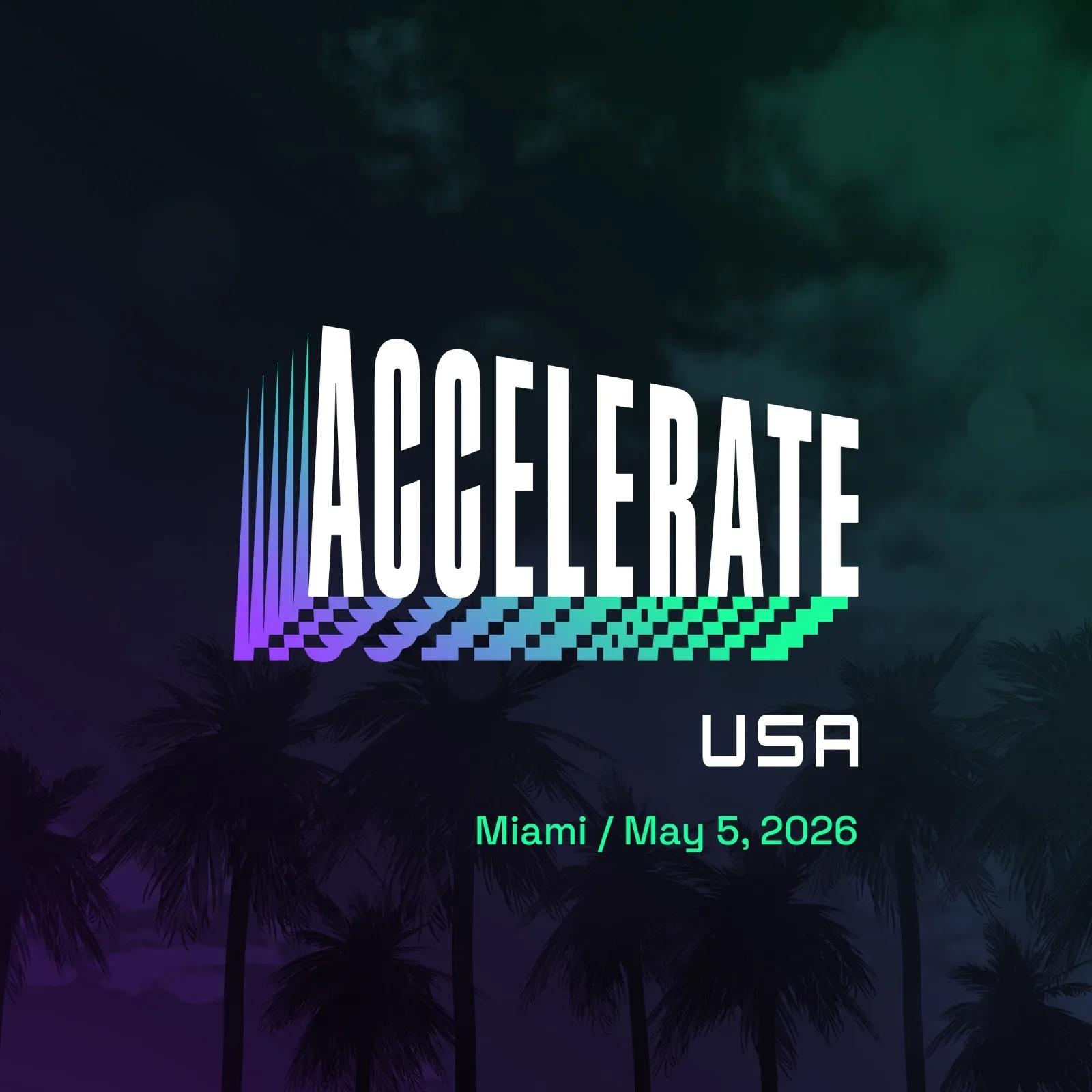 Accelerate USA Miami title in pixelated gradient lettering over silhouetted palm trees at dusk