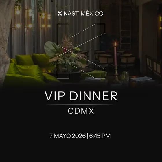 VIP Dinner CDMX poster over a warmly lit restaurant interior with green velvet seating