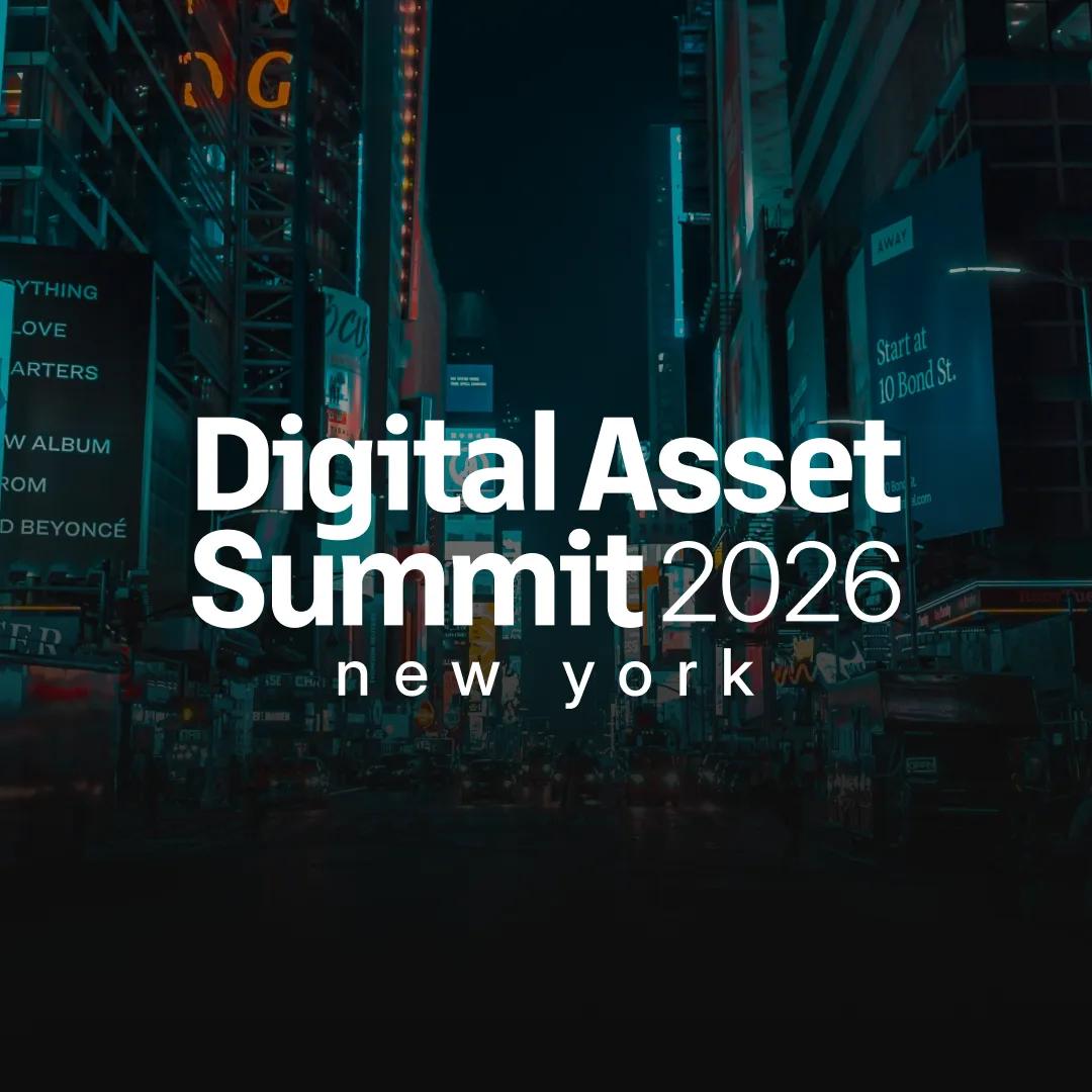 Digital Asset Summit 2026 New York title over a night photograph of illuminated Times Square billboards