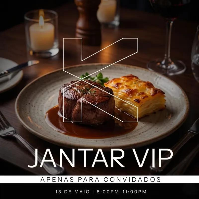 Jantar VIP poster, invitation only, over a plated steak dinner with a KAST monogram
