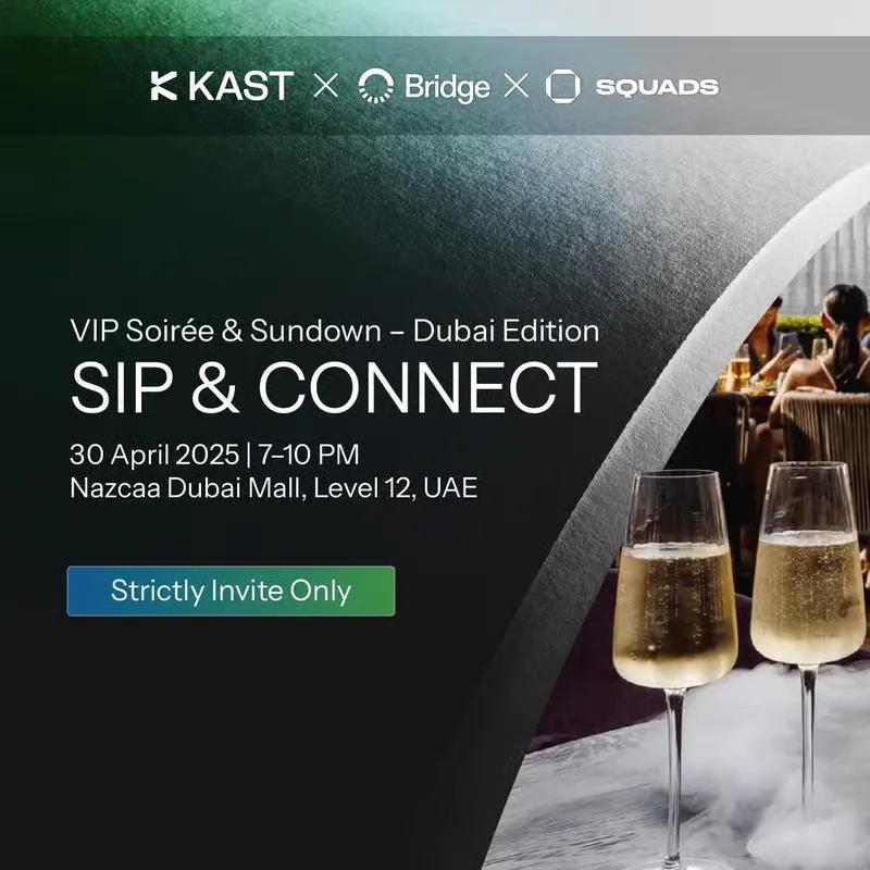 Sip and Connect VIP soirée card from KAST, Bridge and Squads, beside a photograph of champagne glasses