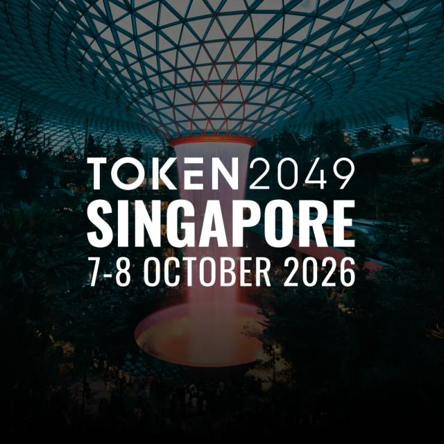 Token2049 Singapore title over a photograph of the Jewel Changi indoor waterfall and glass canopy