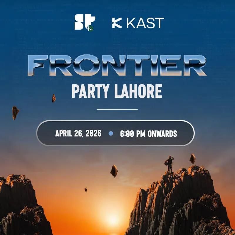 Frontier Party Lahore poster from Superteam and KAST, over an illustration of floating rock spires at sunrise