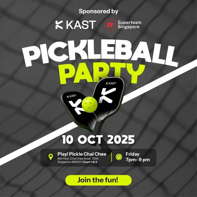 Pickleball Party poster with crossed KAST-branded paddles and a ball, over a net background