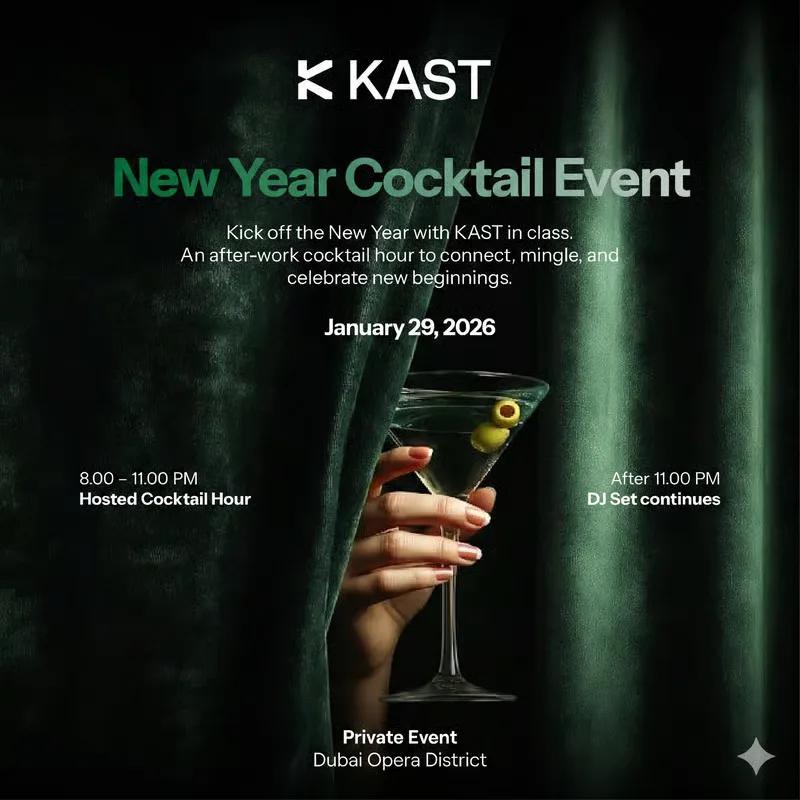 New Year Cocktail Event poster over a dark green backdrop, with a hand holding a martini glass