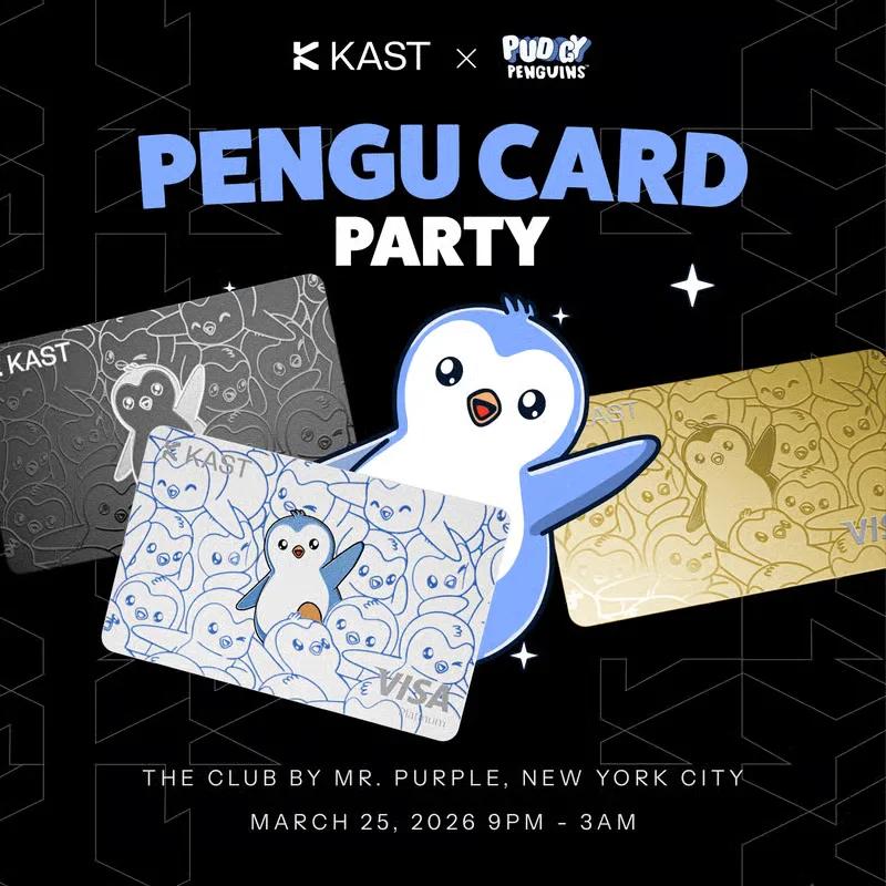 Pengu Card Party graphic with a cartoon penguin and two penguin-patterned KAST cards