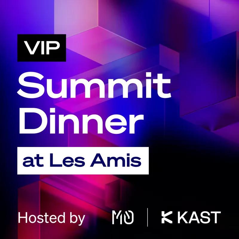 VIP Summit Dinner at Les Amis card on a purple and magenta gradient, hosted by M0 and KAST