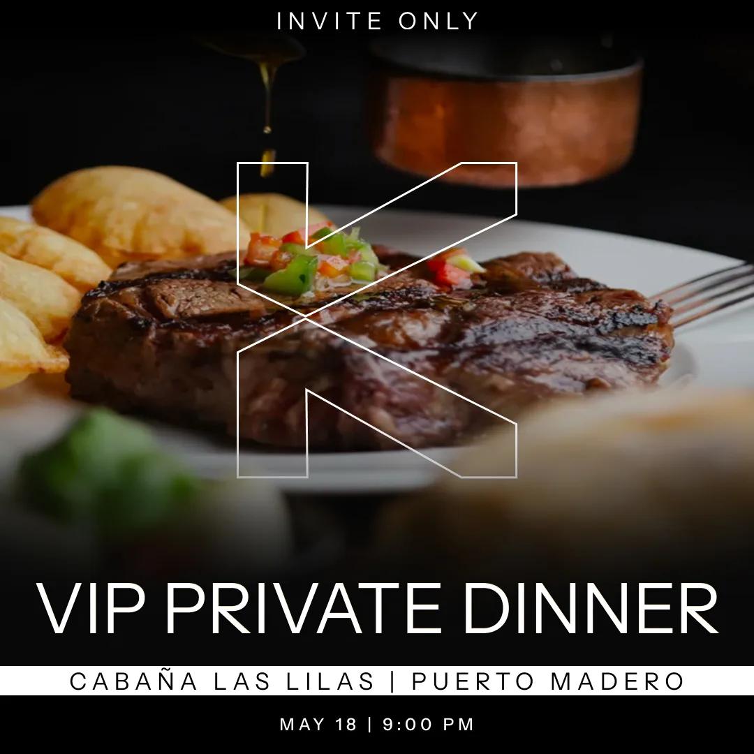 VIP Private Dinner poster, invitation only, over a photograph of a plated steak with a KAST monogram