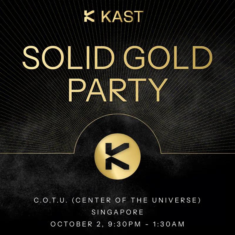 Solid Gold Party poster in gold lettering on black, with a circular KAST monogram medallion
