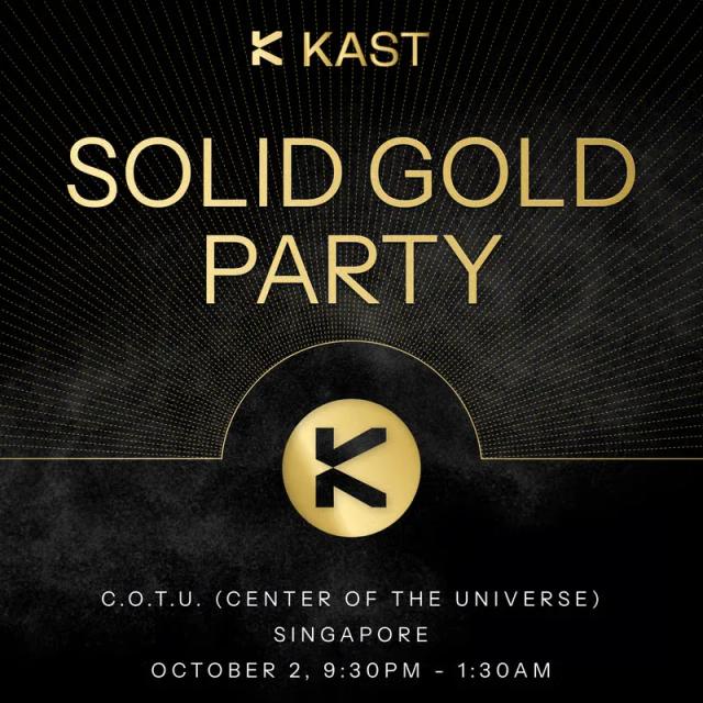 Solid Gold Party poster in gold lettering on black, with a circular KAST monogram medallion
