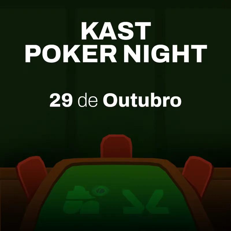 KAST Poker Night poster in white on dark green, above an illustrated poker table