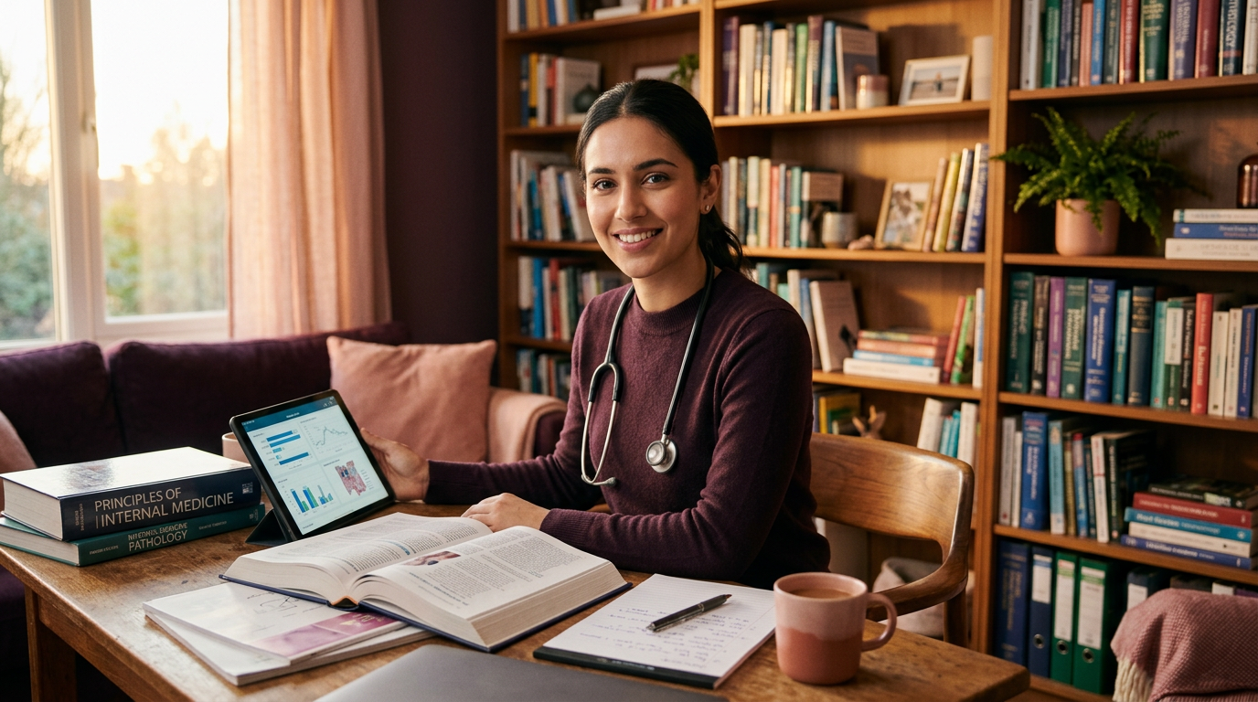 A young doctor sitting at a desk with medical textbooks and a tablet, looking confident.