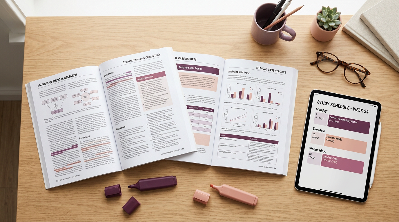 An aerial view of a clean desk with open medical journals, a highlighter, a tablet showing a study schedule, and a pair of spectacles.