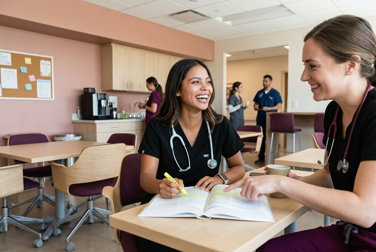 A smiling young female doctor highlighting a textbook while talking to a colleague in a bright, modern hospital breakroom.