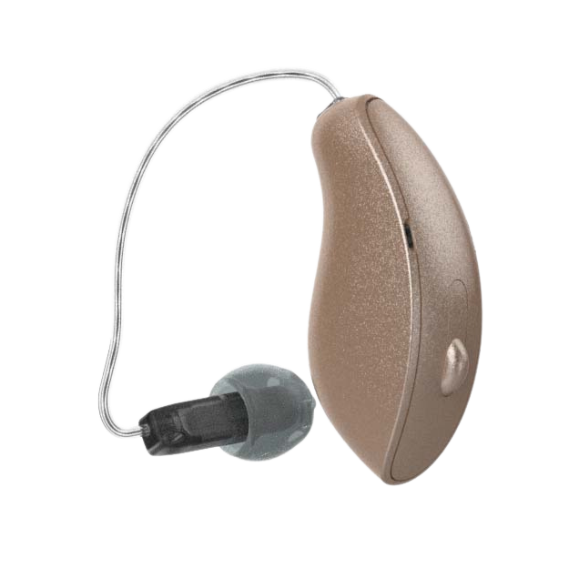 A behind-the-ear hearing aid being fitted over a patient’s ear at the Dripping Springs office