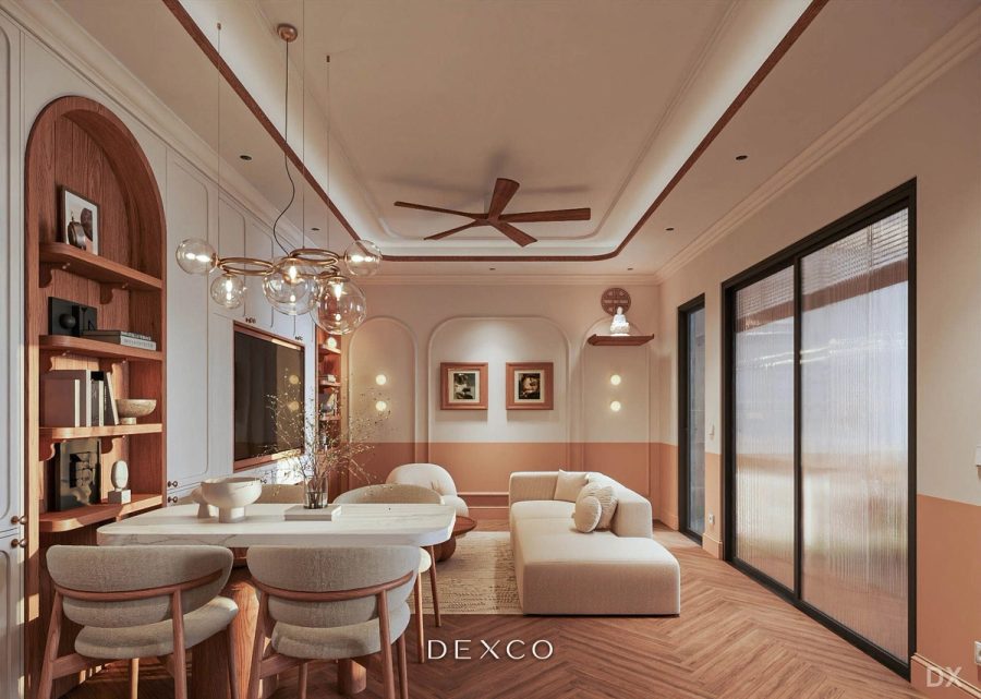 Nhà phố phong cách Indochine - phòng khách phong cách indochine 02, thiết kế nội thất nhà phố cao cấp Dexco