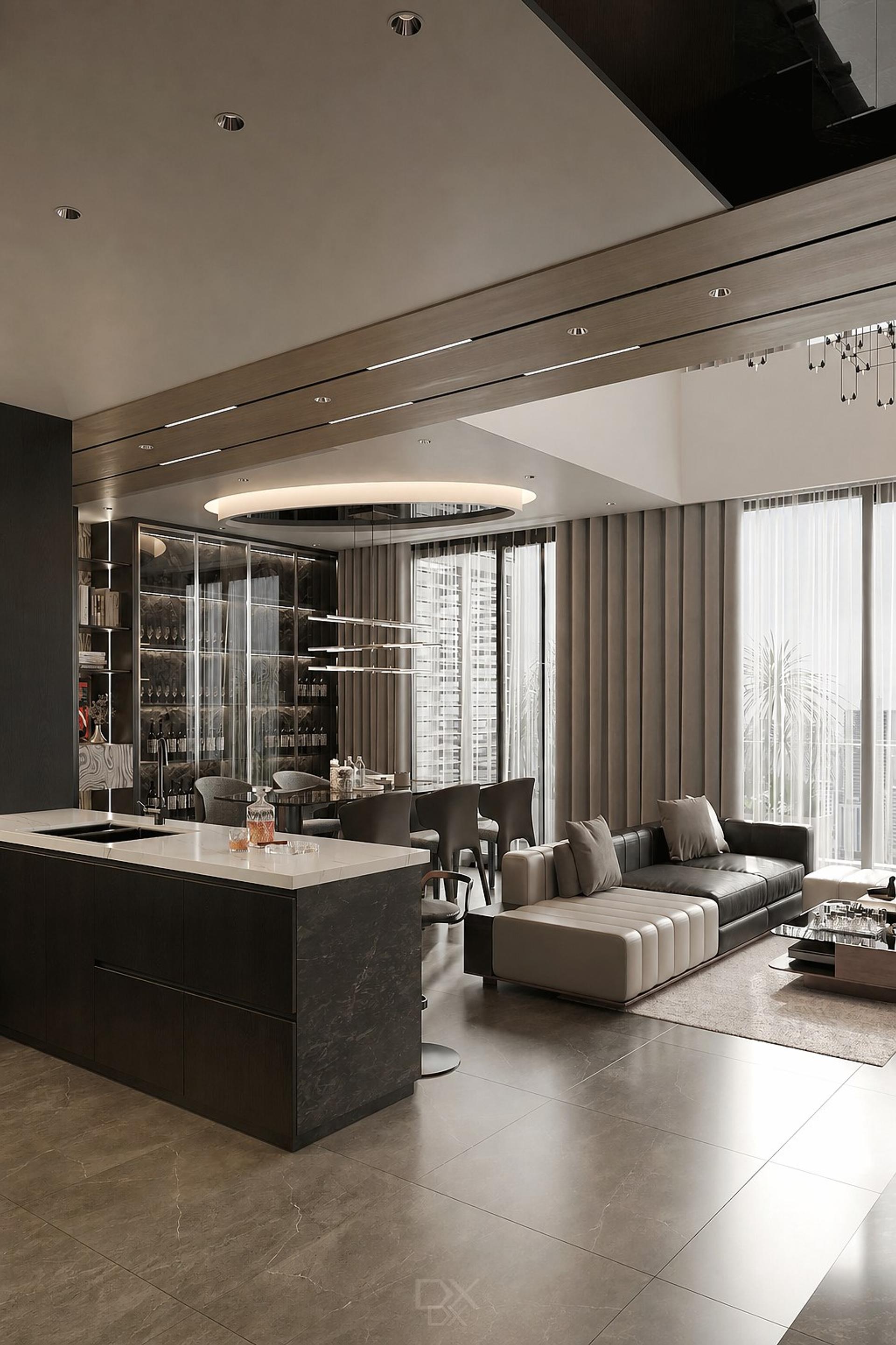 Đảo bếp penthouse với mặt soạn rộng, tách vai rõ với khu nấu áp tường