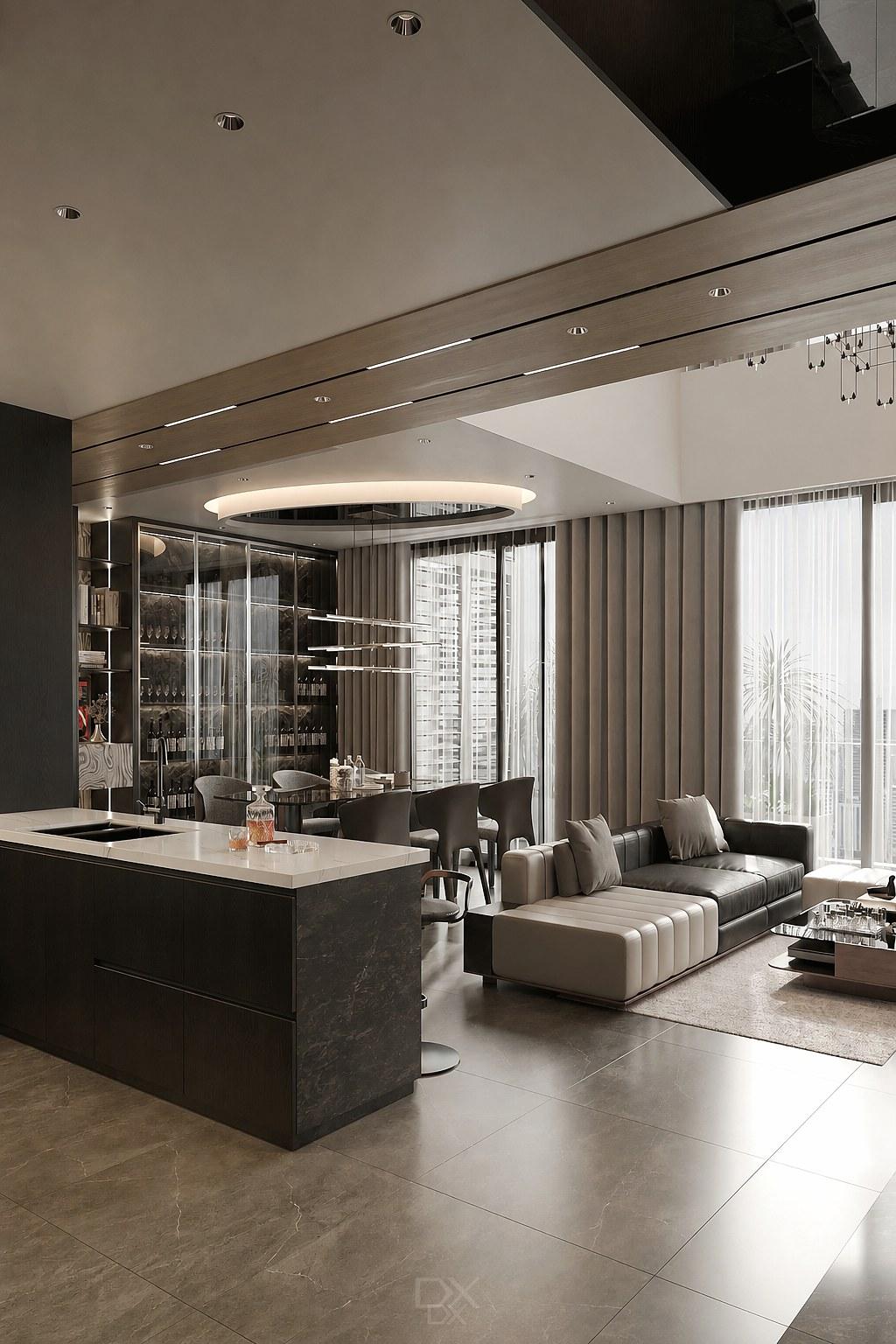 Đảo bếp penthouse với mặt soạn rộng, tách vai rõ với khu nấu áp tường