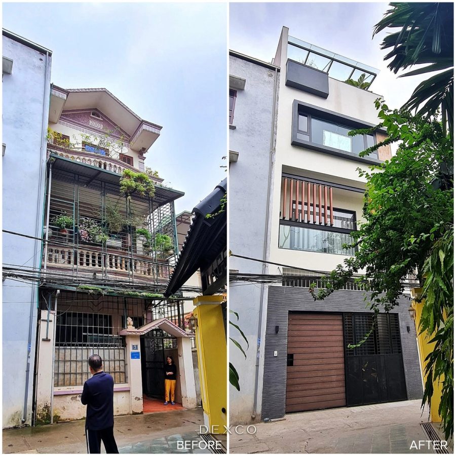 Cải tạo nhà phố 65m² từ 2,5 tầng lên 4,5 tầng - Mặt tiền trước và sau cải tạo, ảnh 01