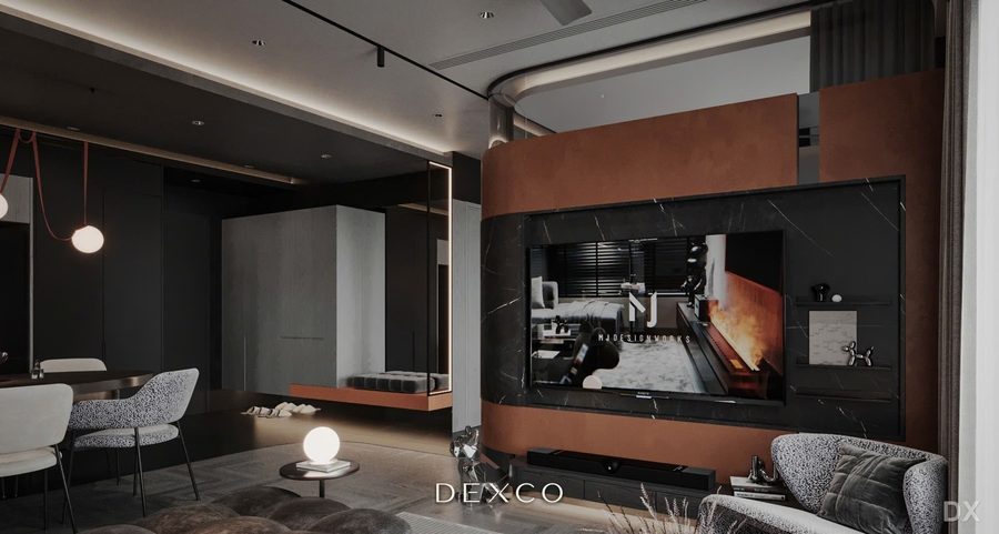 Căn hộ cao cấp tông trầm phong cách luxury hiện đại 02 - phòng khách phong cách luxury hiện đại 03, thiết kế nội thất căn hộ cao cấp Dexco