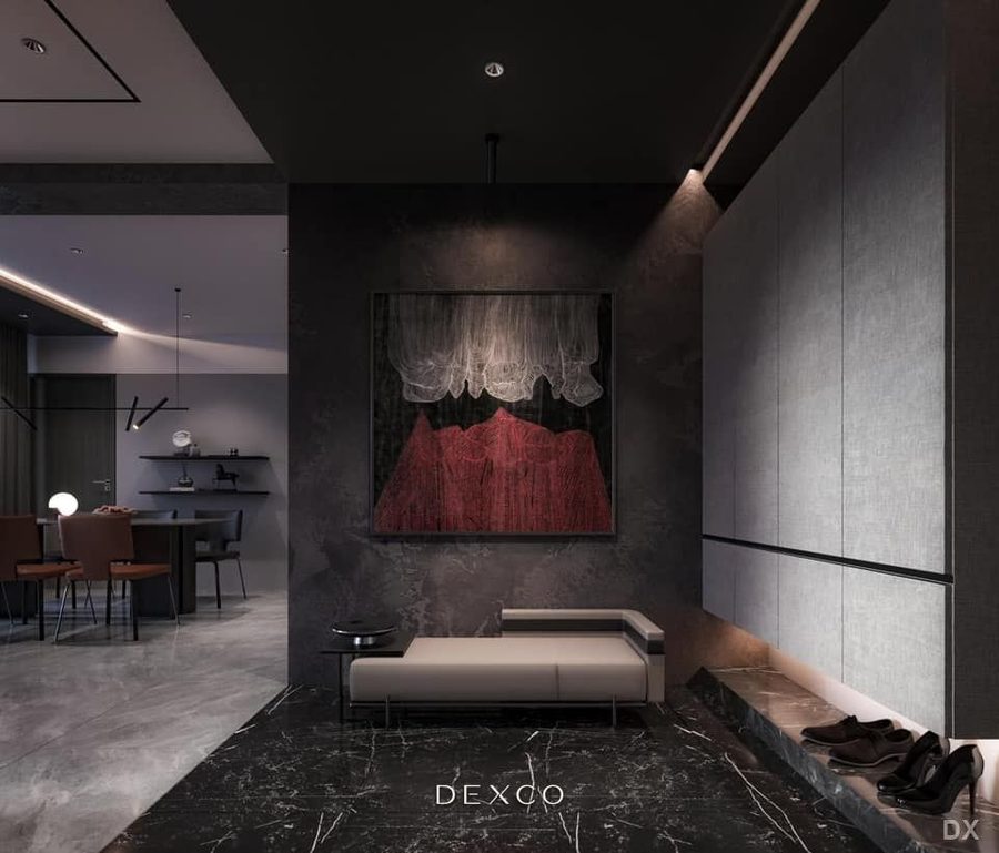 Căn hộ duplex tông trầm - phòng khách phong cách luxury hiện đại 02, thiết kế nội thất duplex Dexco