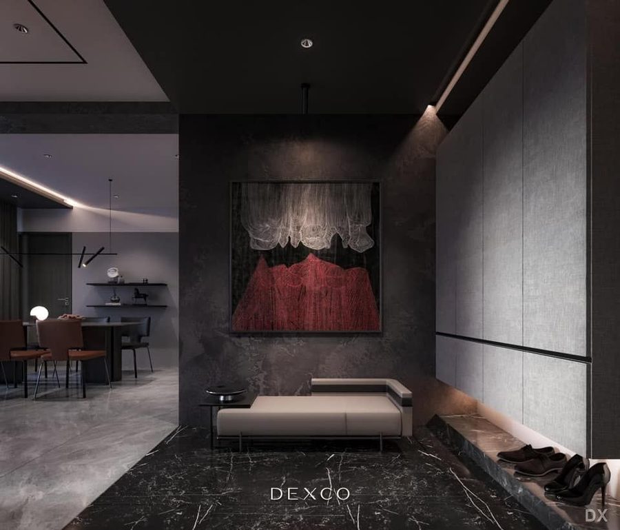 Căn hộ duplex tông trầm - phòng khách phong cách luxury hiện đại 02, thiết kế nội thất duplex Dexco