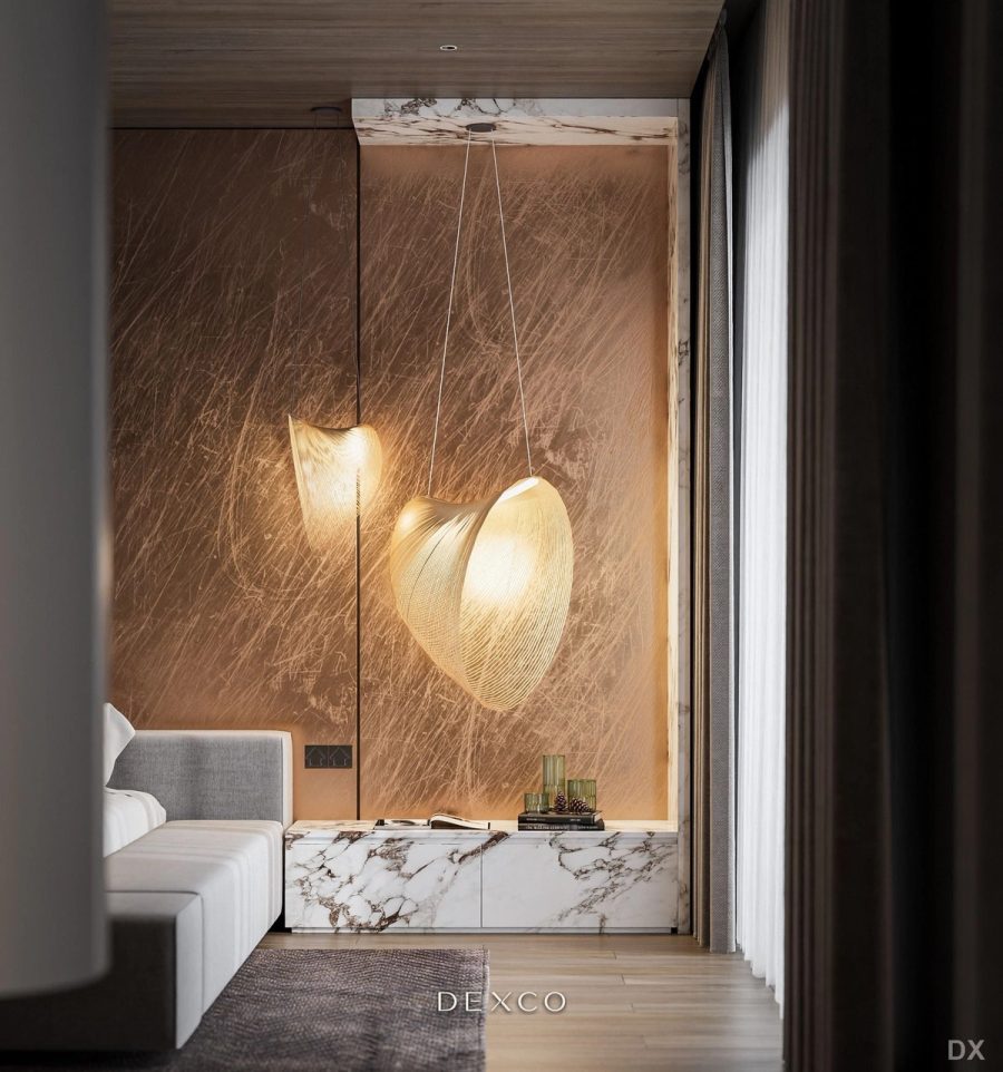 Căn hộ Brown Suite tông nâu ấm - phòng khách 02, thiết kế nội thất căn hộ cao cấp Dexco