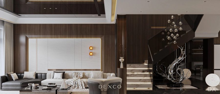 Nhà phố Xuân Mai 300m² - phòng khách phong cách hiện đại 02, thiết kế nội thất nhà phố cao cấp Dexco