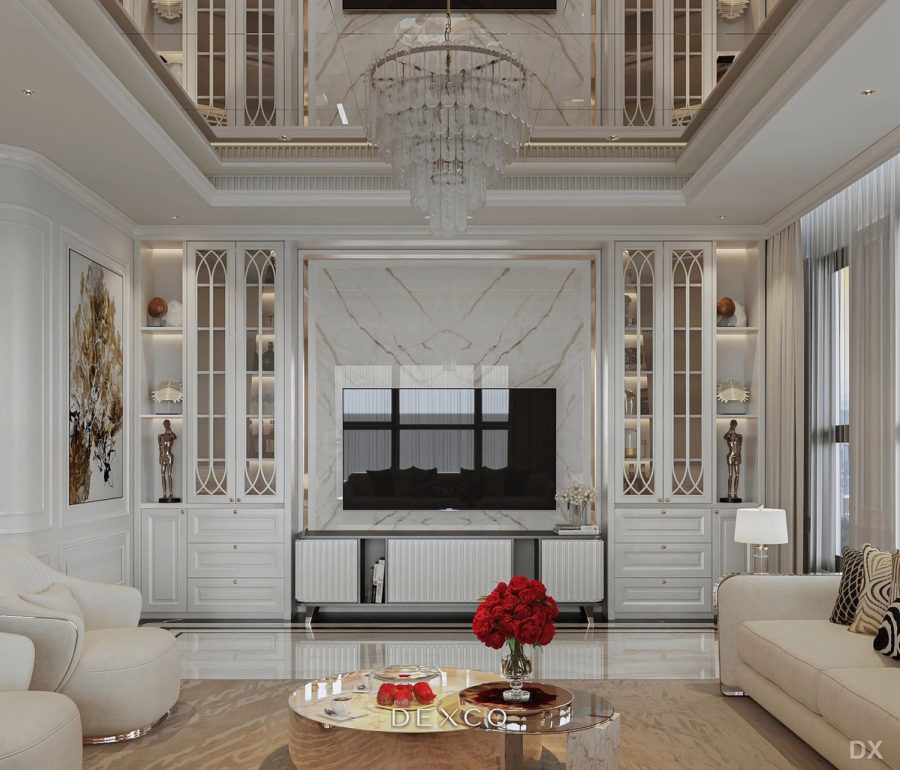 Nhà phố Dương Nội Hà Đông 110m²/sàn - phòng khách phong cách tân cổ điển 03, thiết kế nội thất nhà phố cao cấp Dexco