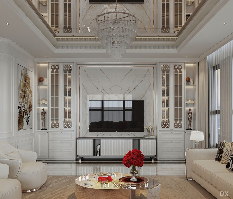 Nhà phố Dương Nội Hà Đông 110m²/sàn - phòng khách phong cách tân cổ điển 03, thiết kế nội thất nhà phố cao cấp Dexco