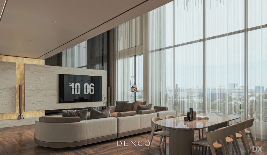 Căn hộ thông tầng City View tông kem - phòng khách 02, thiết kế nội thất căn hộ cao cấp Dexco