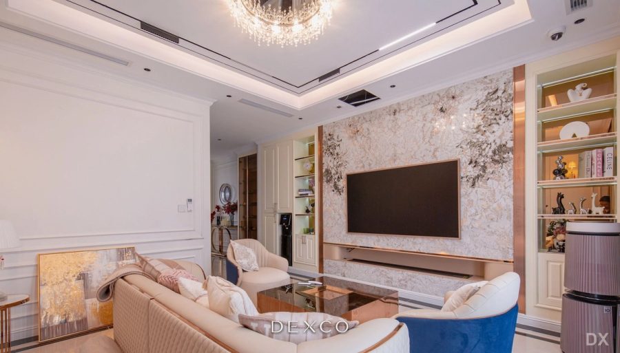 Căn hộ tân cổ điển tông trắng - phòng khách 02, thiết kế nội thất căn hộ cao cấp Dexco