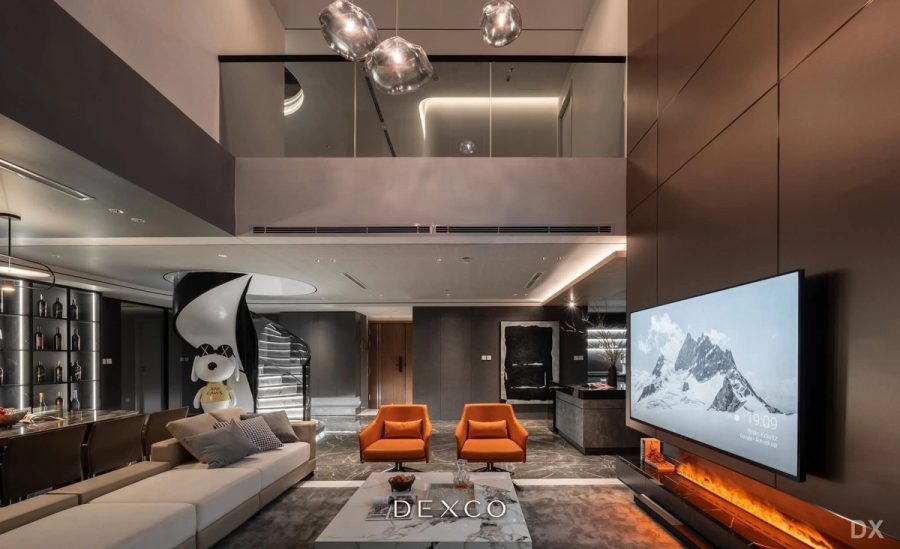Căn hộ thông tầng Skyline tông trầm - phòng khách 02, thiết kế nội thất căn hộ cao cấp Dexco