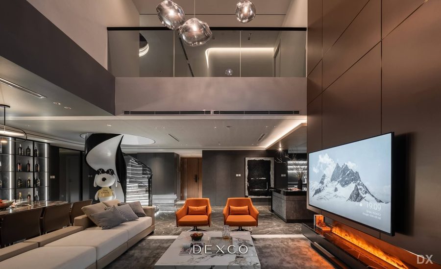 Căn hộ thông tầng Skyline tông trầm - phòng khách 02, thiết kế nội thất căn hộ cao cấp Dexco