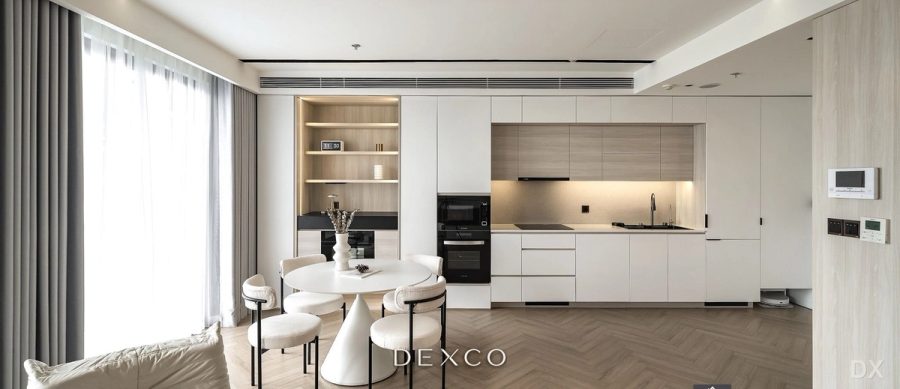 Căn hộ hiện đại tông kem - phòng khách phong cách hiện đại 02, thiết kế nội thất căn hộ cao cấp Dexco