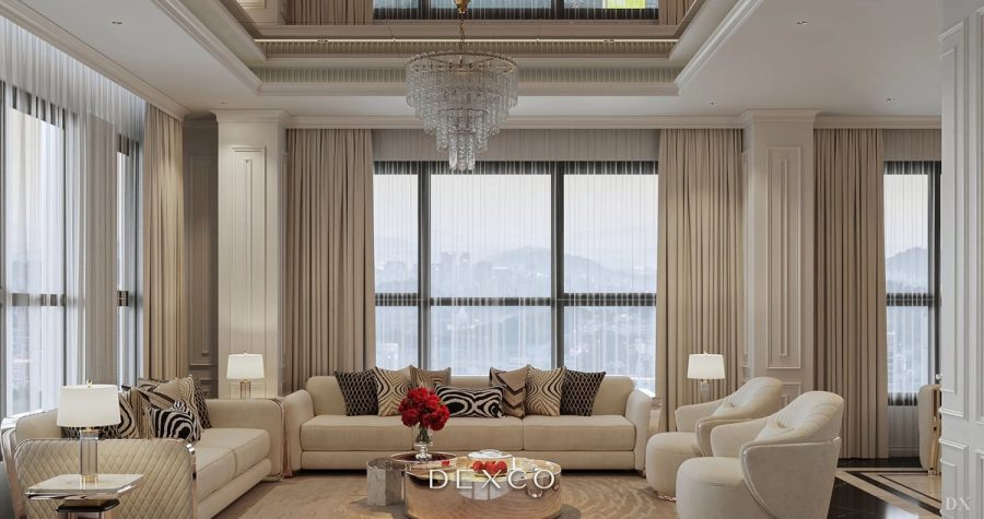 Căn hộ tân cổ điển 110m² - phòng khách phong cách tân cổ điển 02, thiết kế nội thất căn hộ cao cấp Dexco