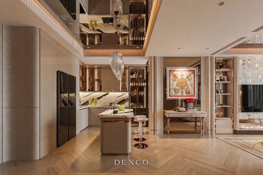 The Nelson căn hộ luxury sáng ấm - Phòng khách và sinh hoạt chung 02, thiết kế thi công nội thất cao cấp phong cách Modern luxury sáng ấm