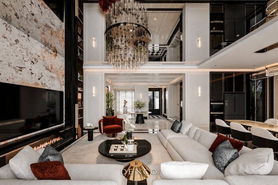Vinhomes Vũ Yên Villa classic luxury - Không gian chính 01, thiết kế thi công nội thất cao cấp phong cách Classic luxury sáng màu