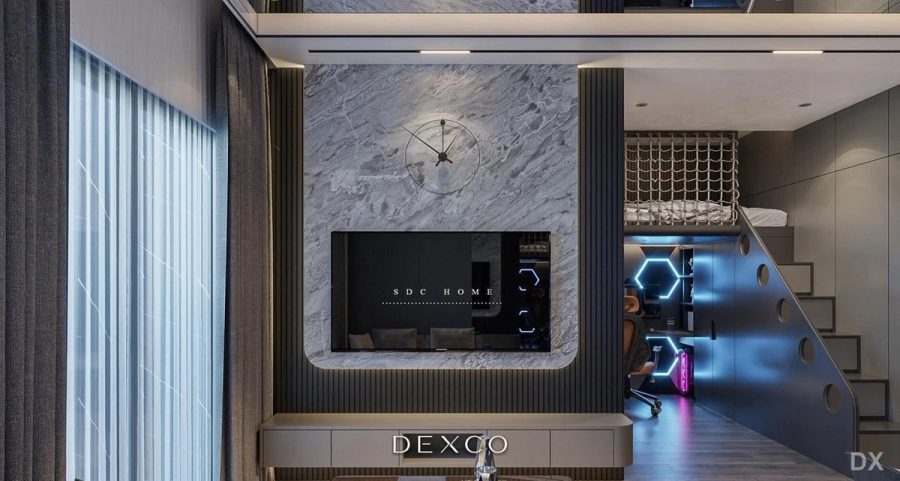 Căn hộ Urban Glow ánh xanh - phòng khách 02, thiết kế nội thất căn hộ cao cấp Dexco