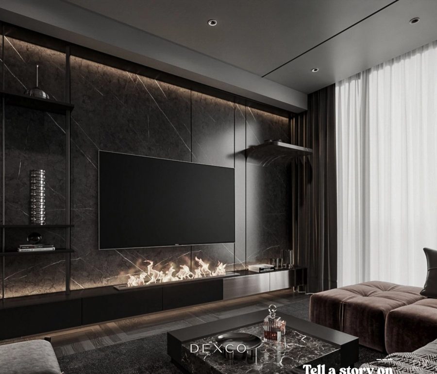 Căn hộ luxury tông trầm - phòng khách phong cách luxury hiện đại 02, thiết kế nội thất căn hộ cao cấp Dexco