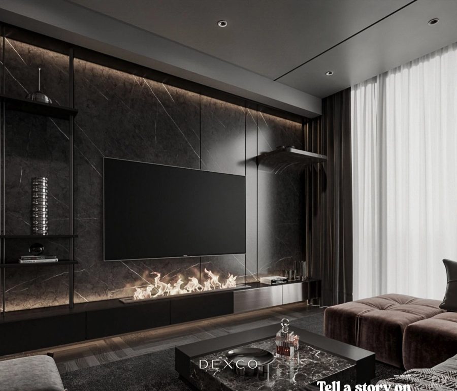 Căn hộ luxury tông trầm - phòng khách phong cách luxury hiện đại 02, thiết kế nội thất căn hộ cao cấp Dexco